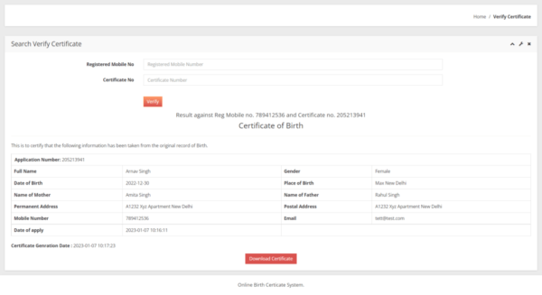 Online Birth Certificate System